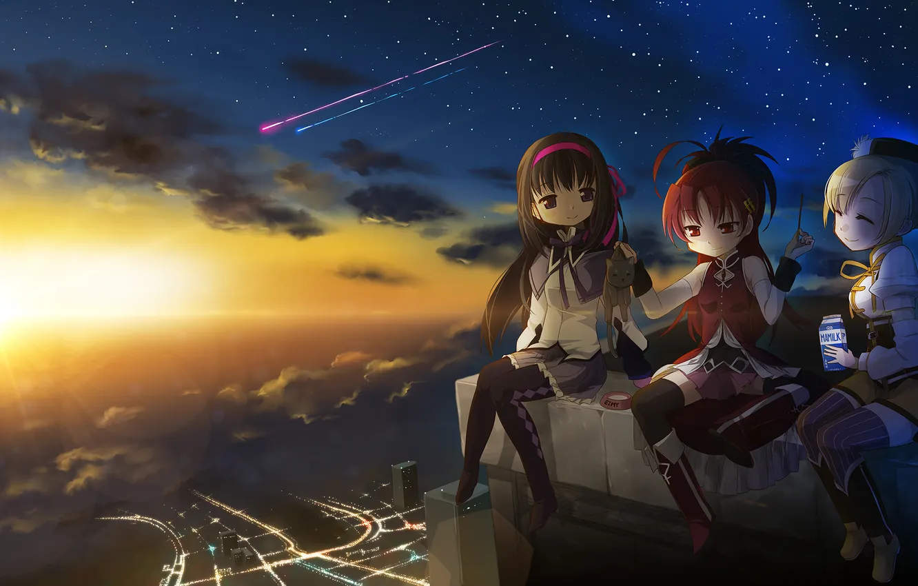 Photo wallpaper girl, sunset, the city, height, art, picnic, mahou shoujo madoka magica, homura akemi