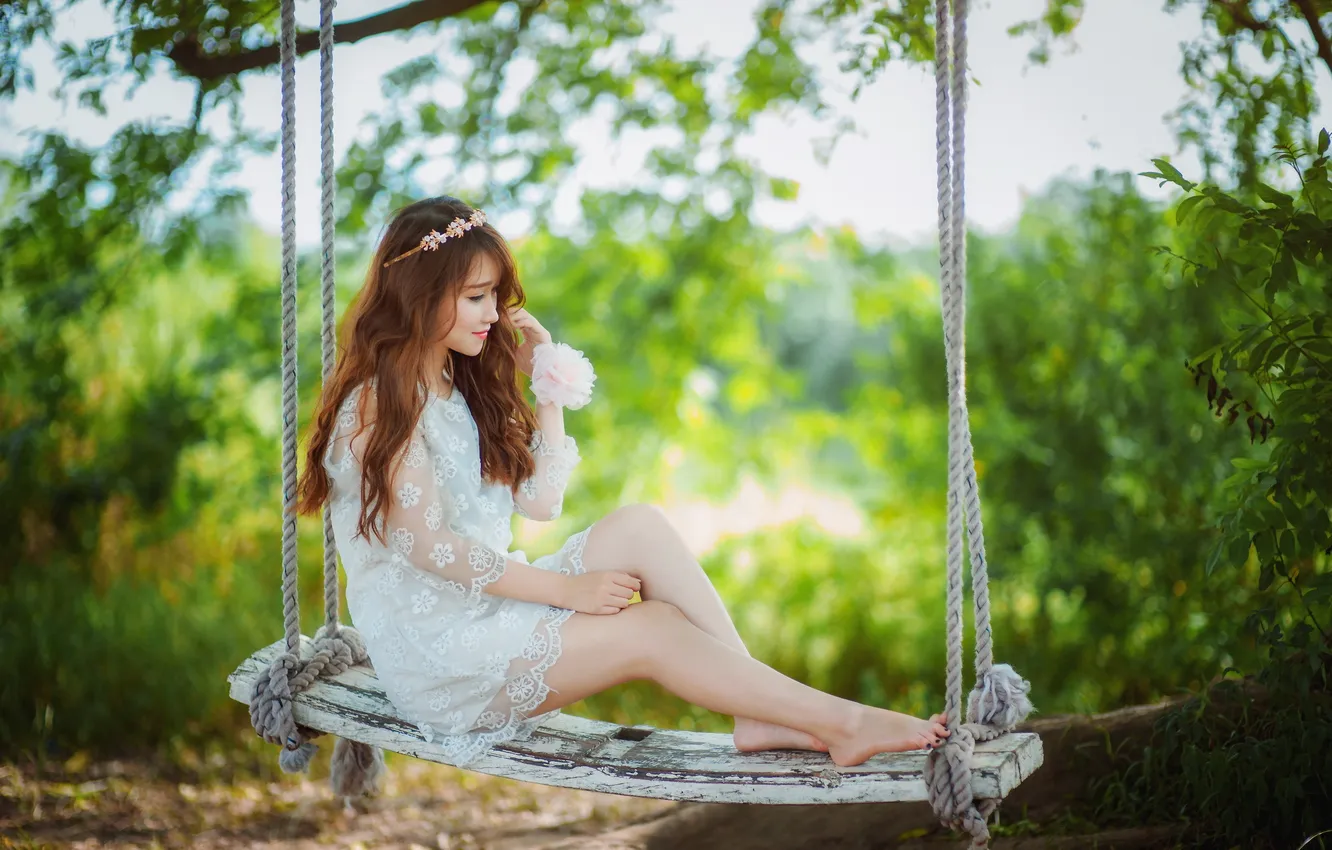 Photo wallpaper summer, girl, swing