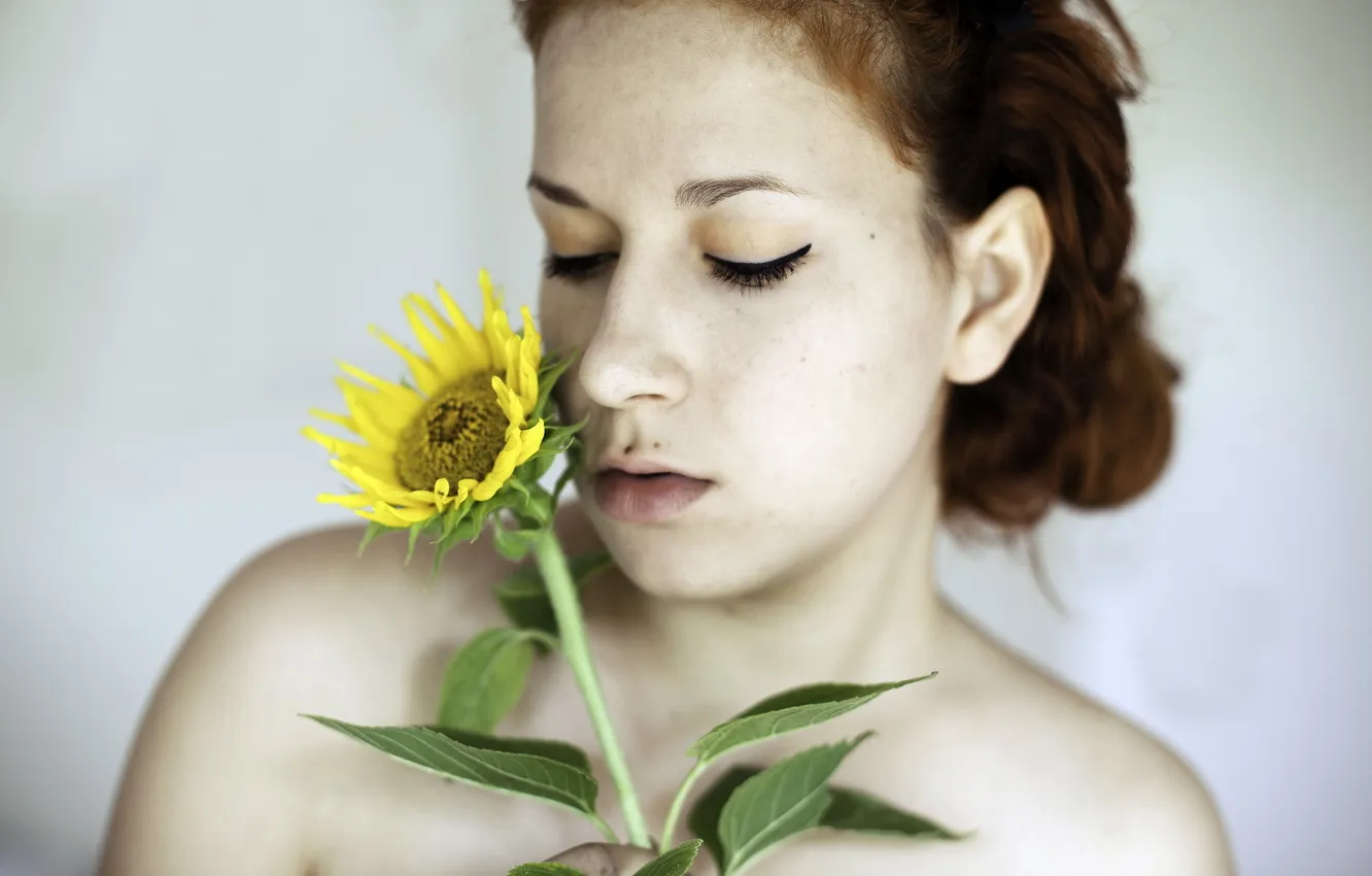 Photo wallpaper girl, sunflowers, background