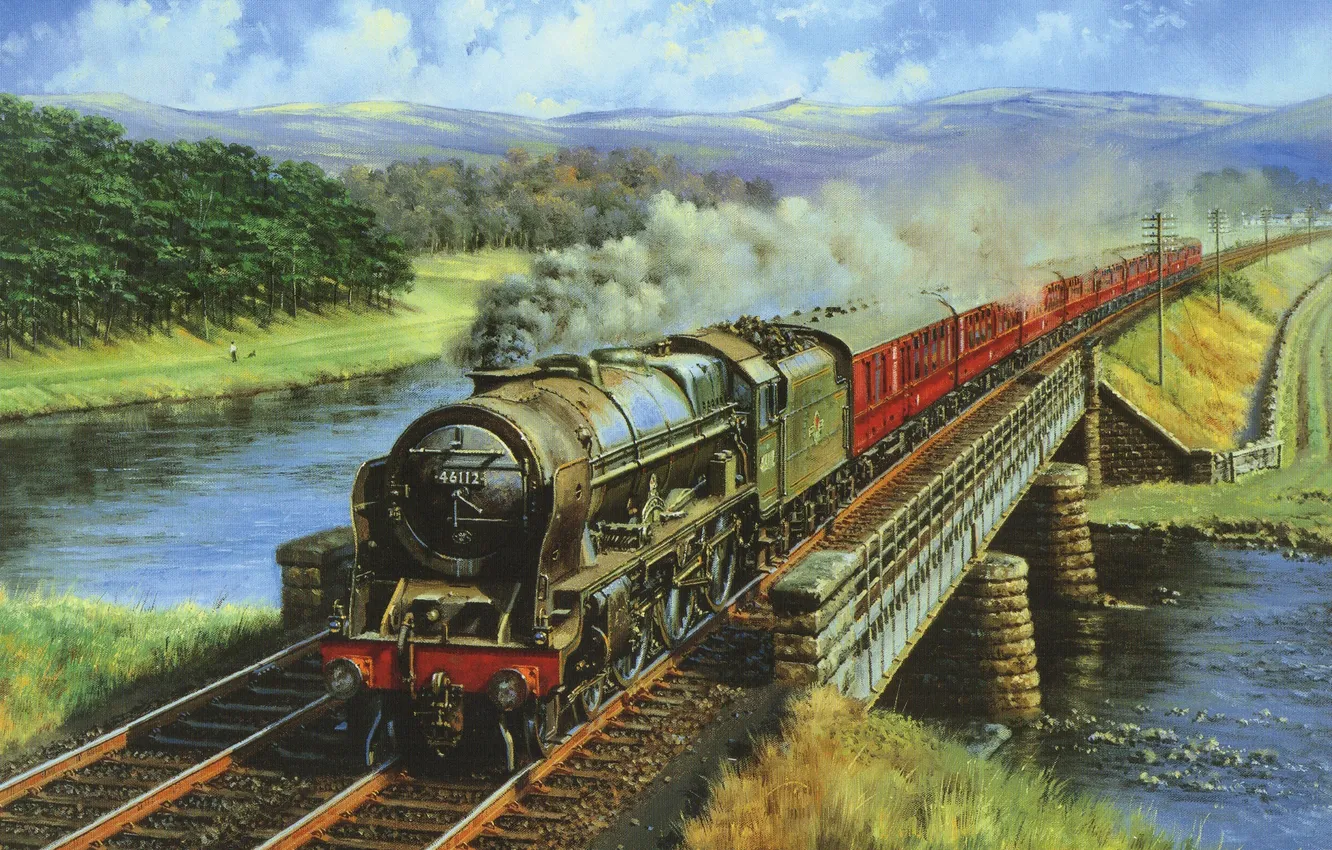 Photo wallpaper landscape, mountains, bridge, river, smoke, train, the engine, picture