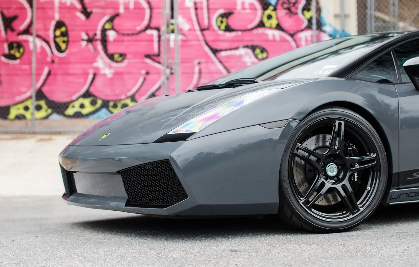 Photo wallpaper graffiti, Lamborghini, supercar, Gallardo, drives, grey, the front