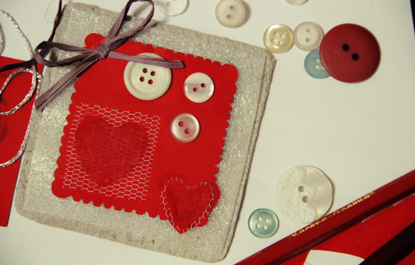 Photo wallpaper background, Wallpaper, tape, bow, different, heart, heart. red, fabric. buttons