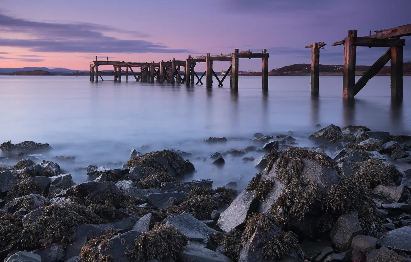 Photo wallpaper landscape, sunset, bridge, lake