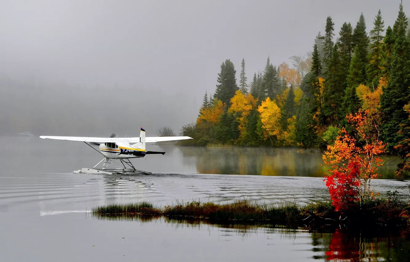 Photo wallpaper autumn, forest, nature, fog, pond, seaplane, by Alain Aude