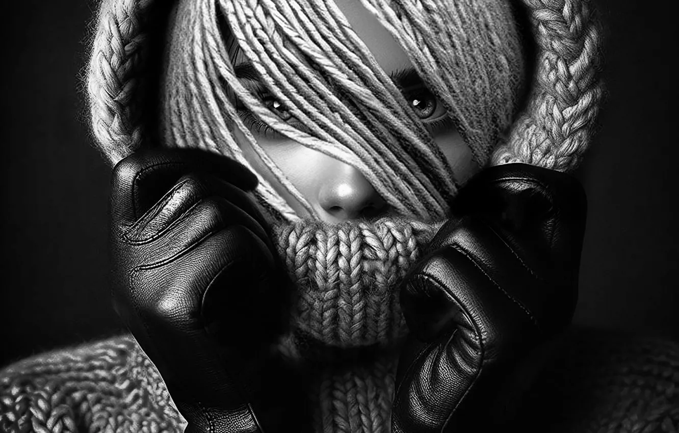 Photo wallpaper portrait, gloves, sweater, black and white photo