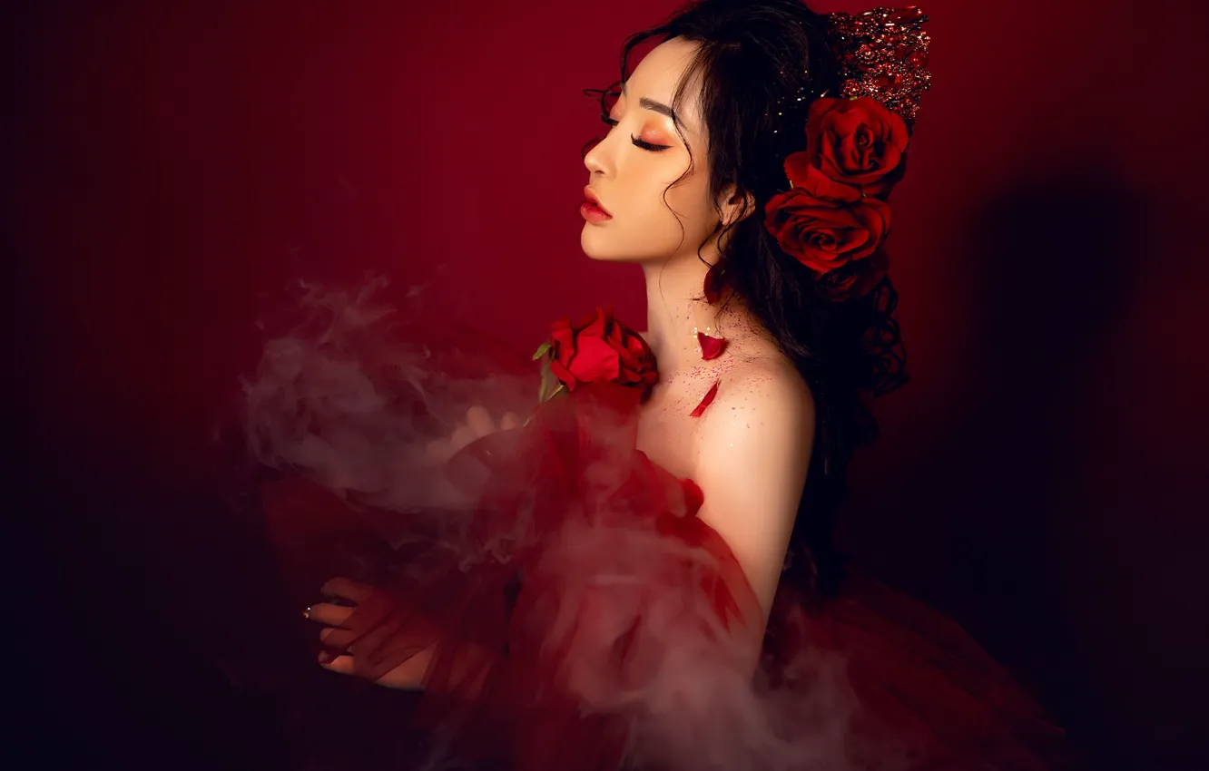 Photo wallpaper girl, rose, Asian