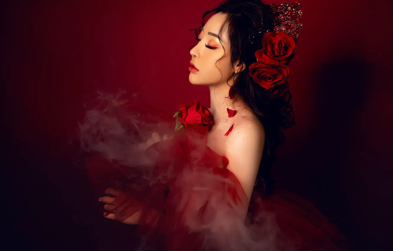 Photo wallpaper girl, roses, Asian