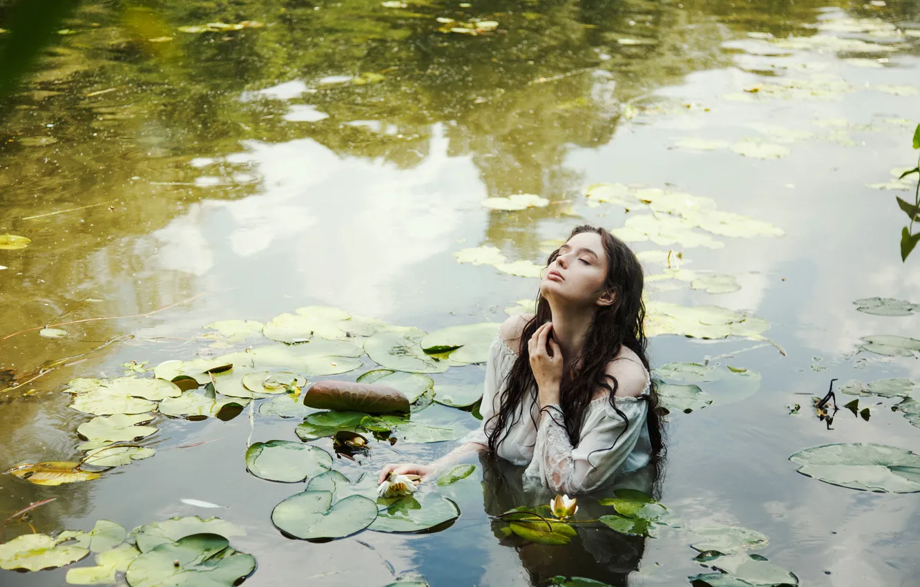 Photo wallpaper leaves, water, girl, nature, pose, pond, hands, dress