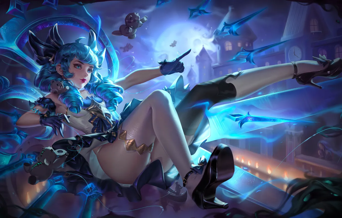 Photo wallpaper long hair, Gwen, League of Legends, fan art, blue hair, fantasy girl, minidress, video game …