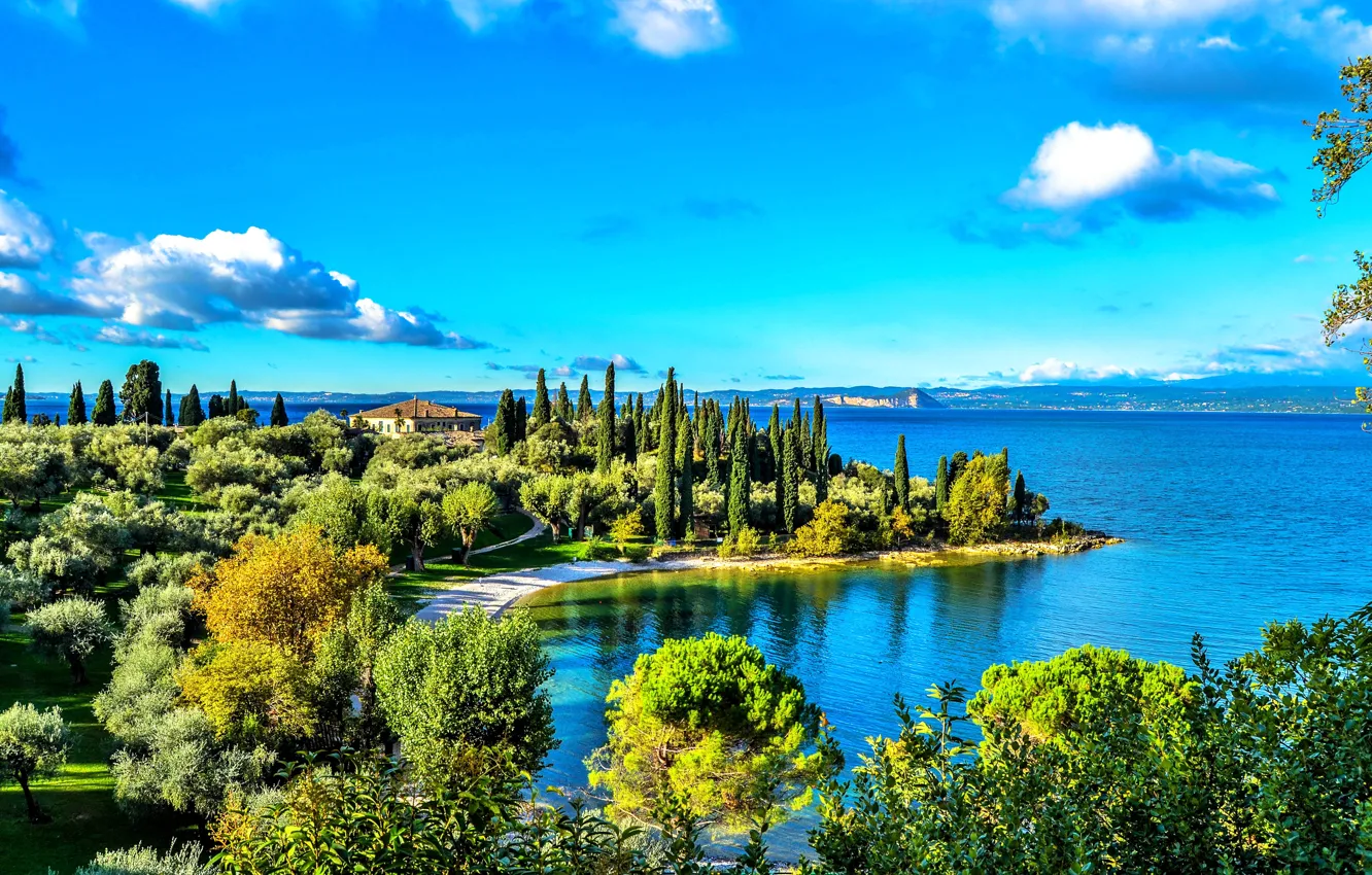 Photo wallpaper road, the sky, the sun, clouds, trees, lake, house, shore