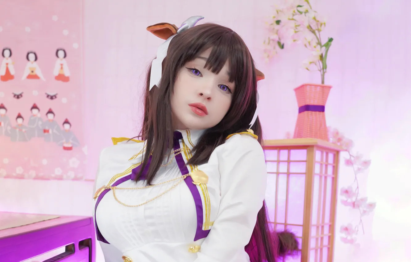 Photo wallpaper girl, horns, long hair, brown hair, animal ears, beautiful, purple eyes, pretty