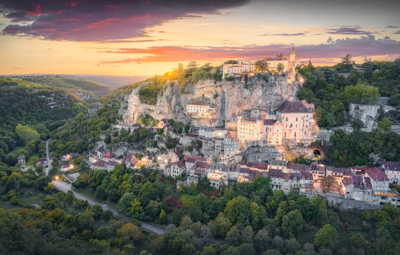 Photo wallpaper road, forest, the sky, the sun, clouds, light, trees, sunset