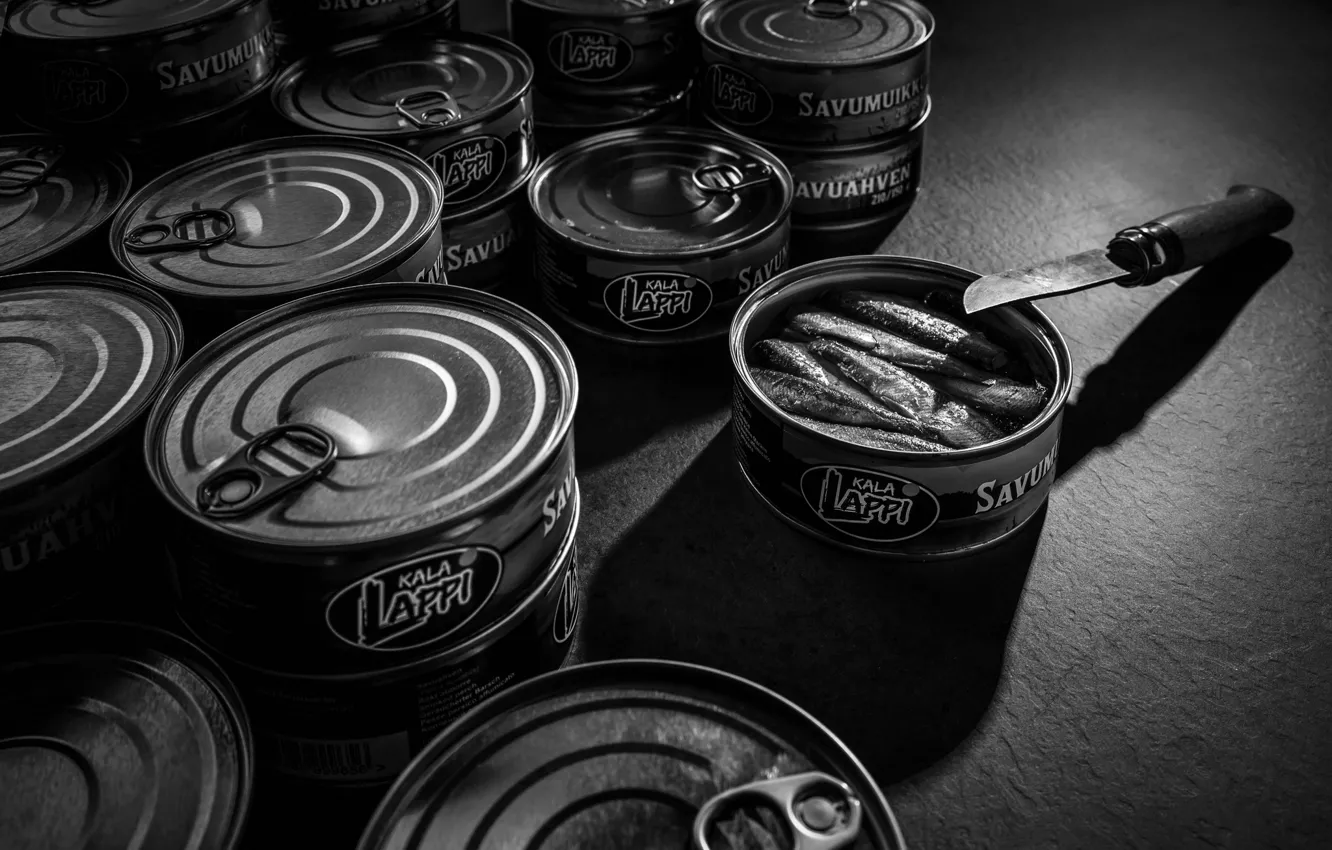 Photo wallpaper fish, knife, canned