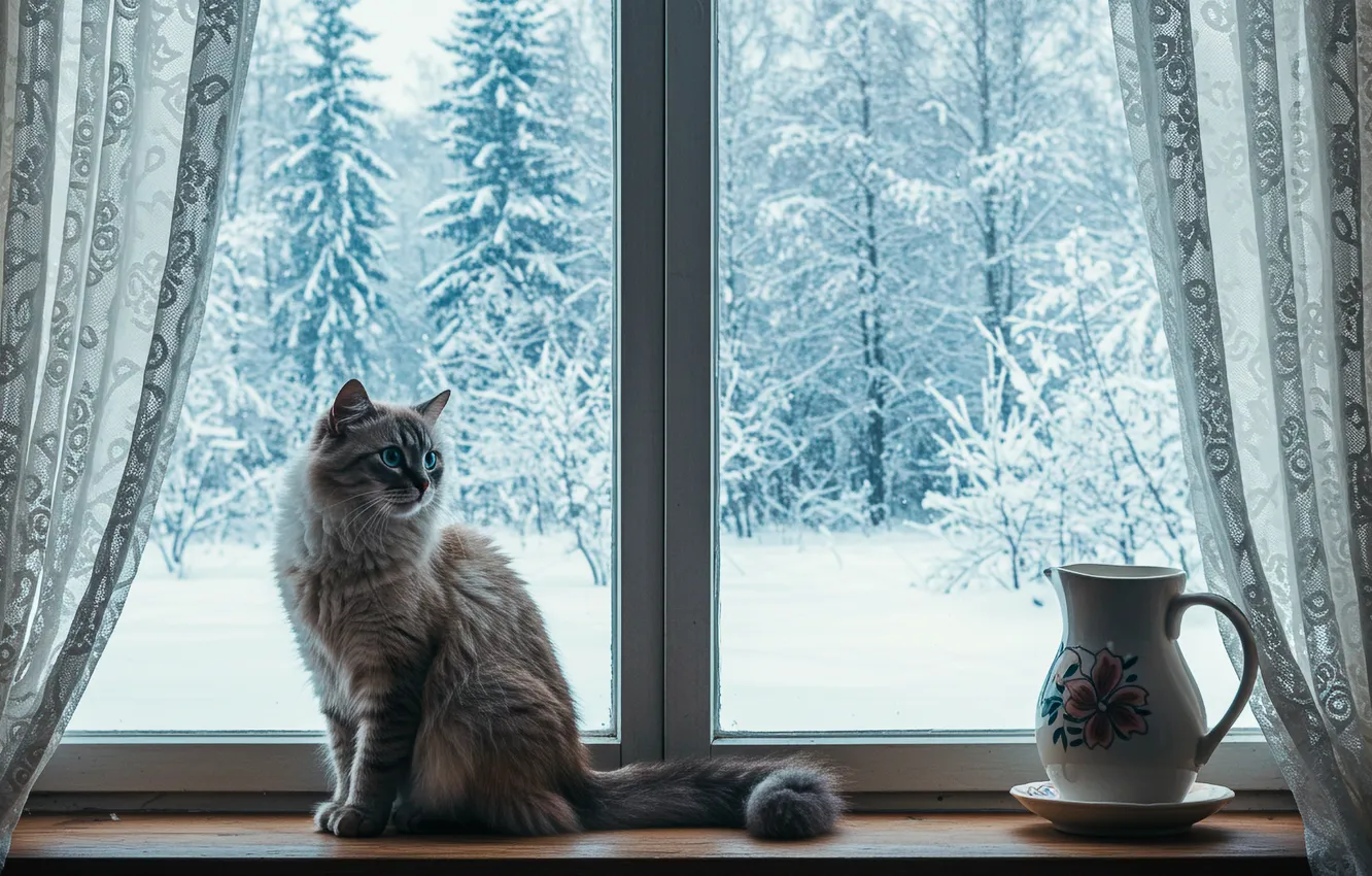 Photo wallpaper winter, forest, cat, window