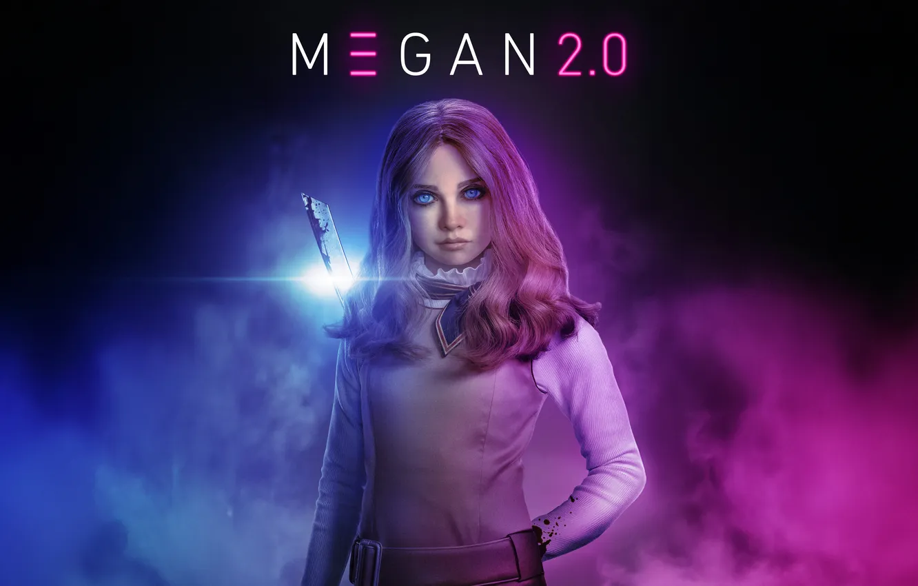 Photo wallpaper movies, movie poster, 2025 Movies, Neon background, M3GAN 2.0