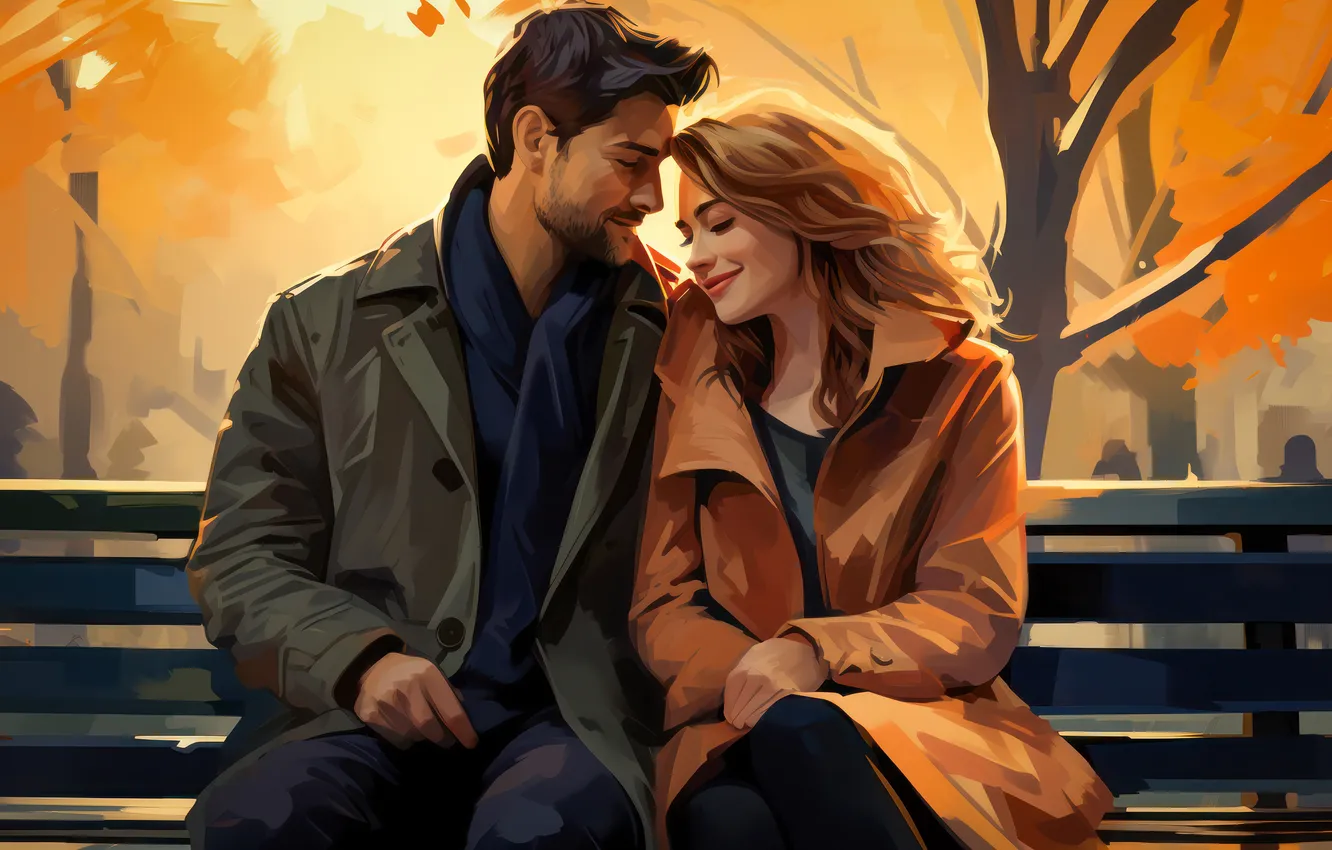 Photo wallpaper girl, love, happiness, bench, Park, male