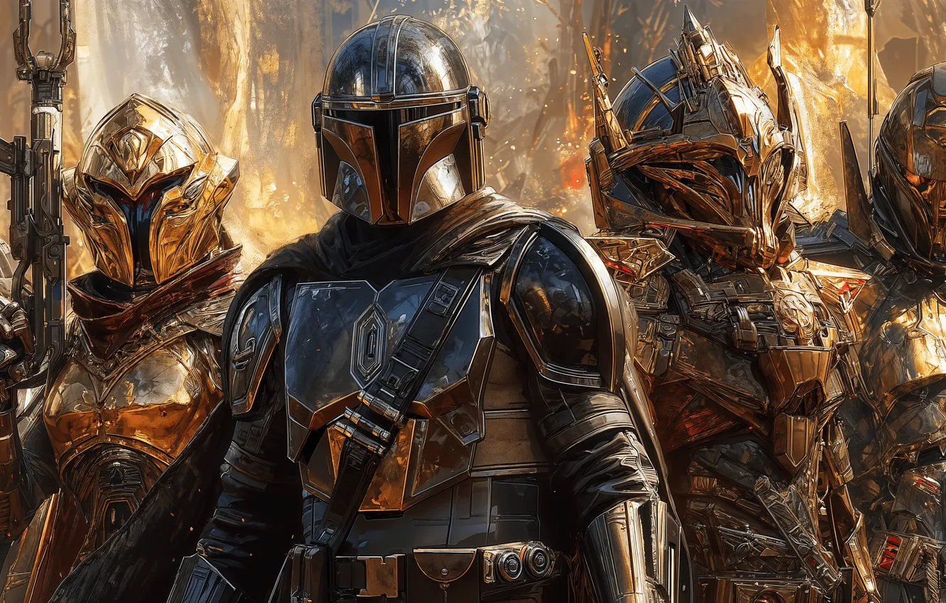 Photo wallpaper gun, armor, digital art, warrior, ultrawide, AI art, Mandalorians, RunecasterStudio