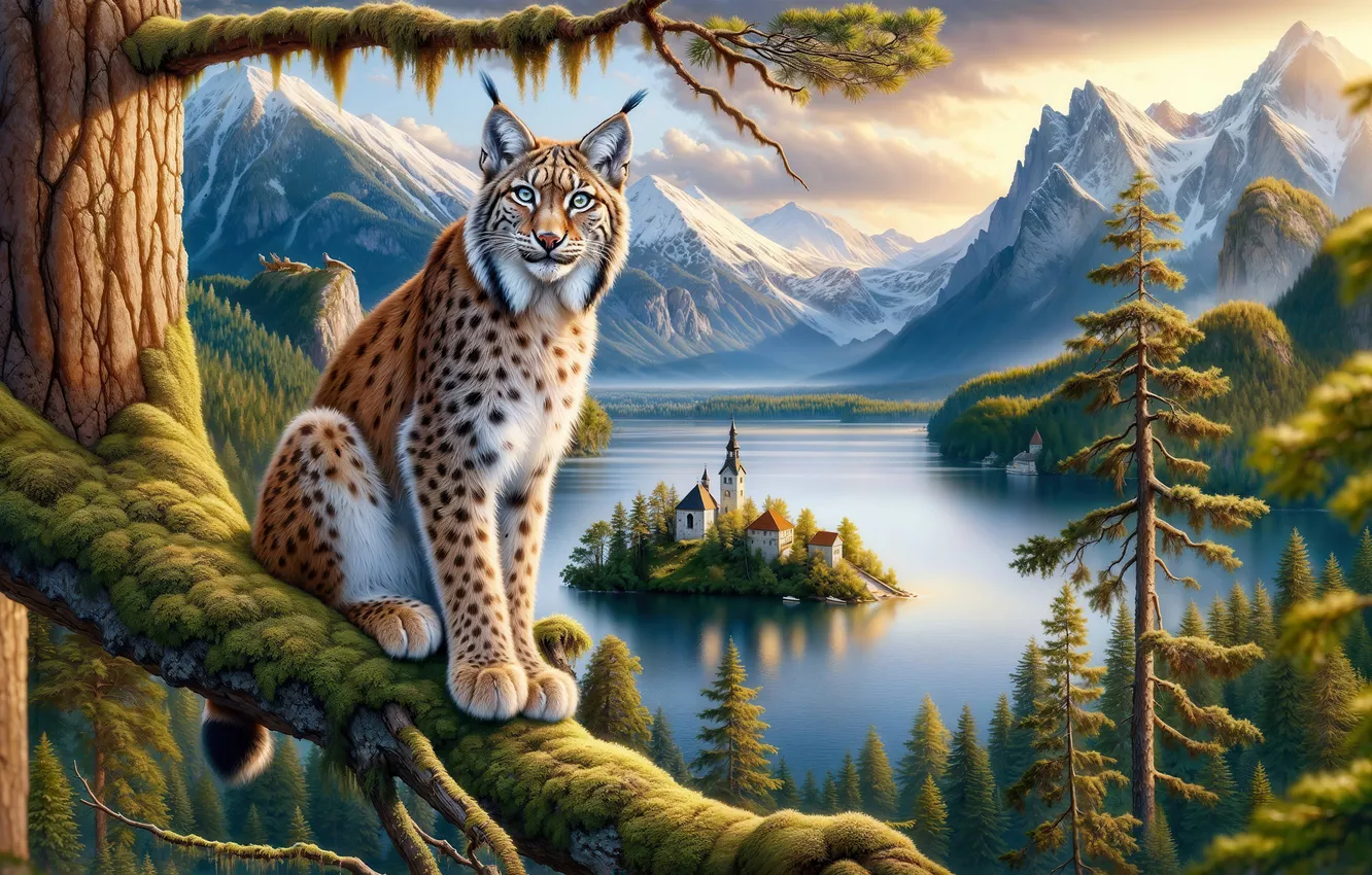 Photo wallpaper landscape, mountains, nature, lake, Church, lynx
