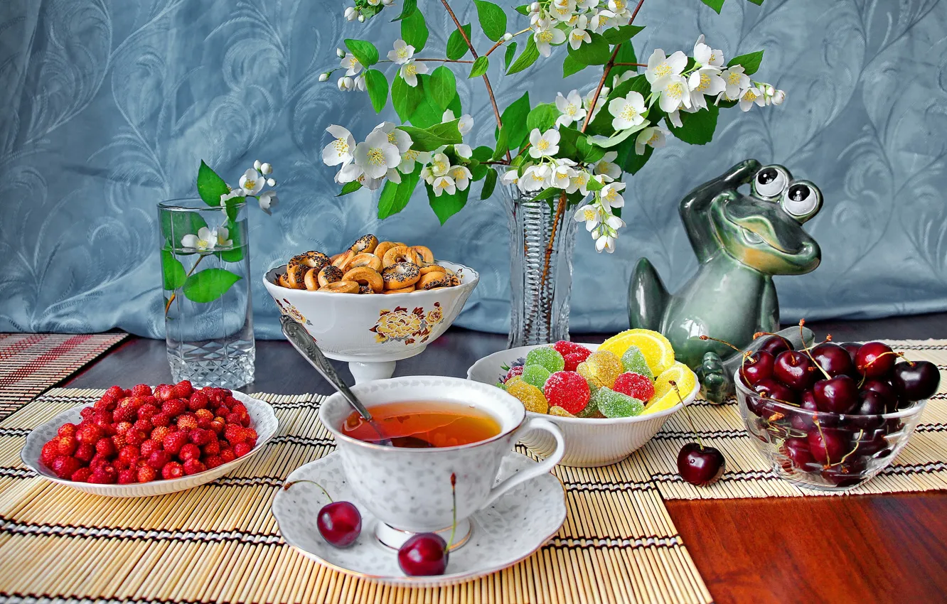 Photo wallpaper flowers, cherry, glass, table, strawberries, berry, plate, Cup
