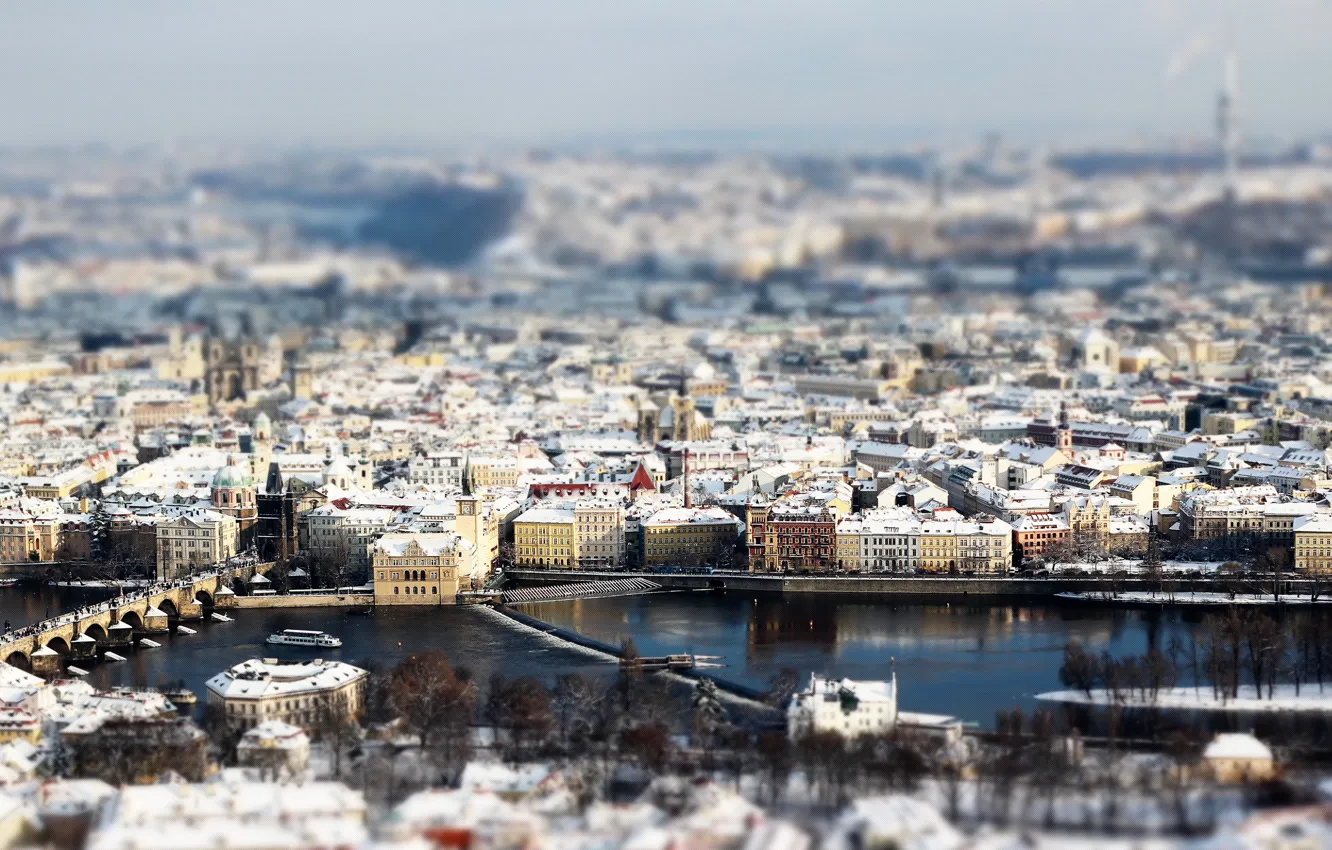 Photo wallpaper winter, snow, the city, Prague, tilt-shift