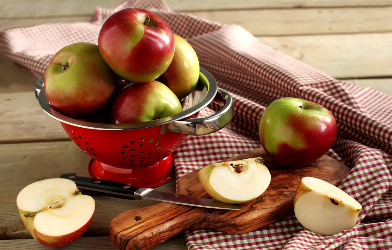 Photo wallpaper apples, knife, dishes, Board, fruit, sliced