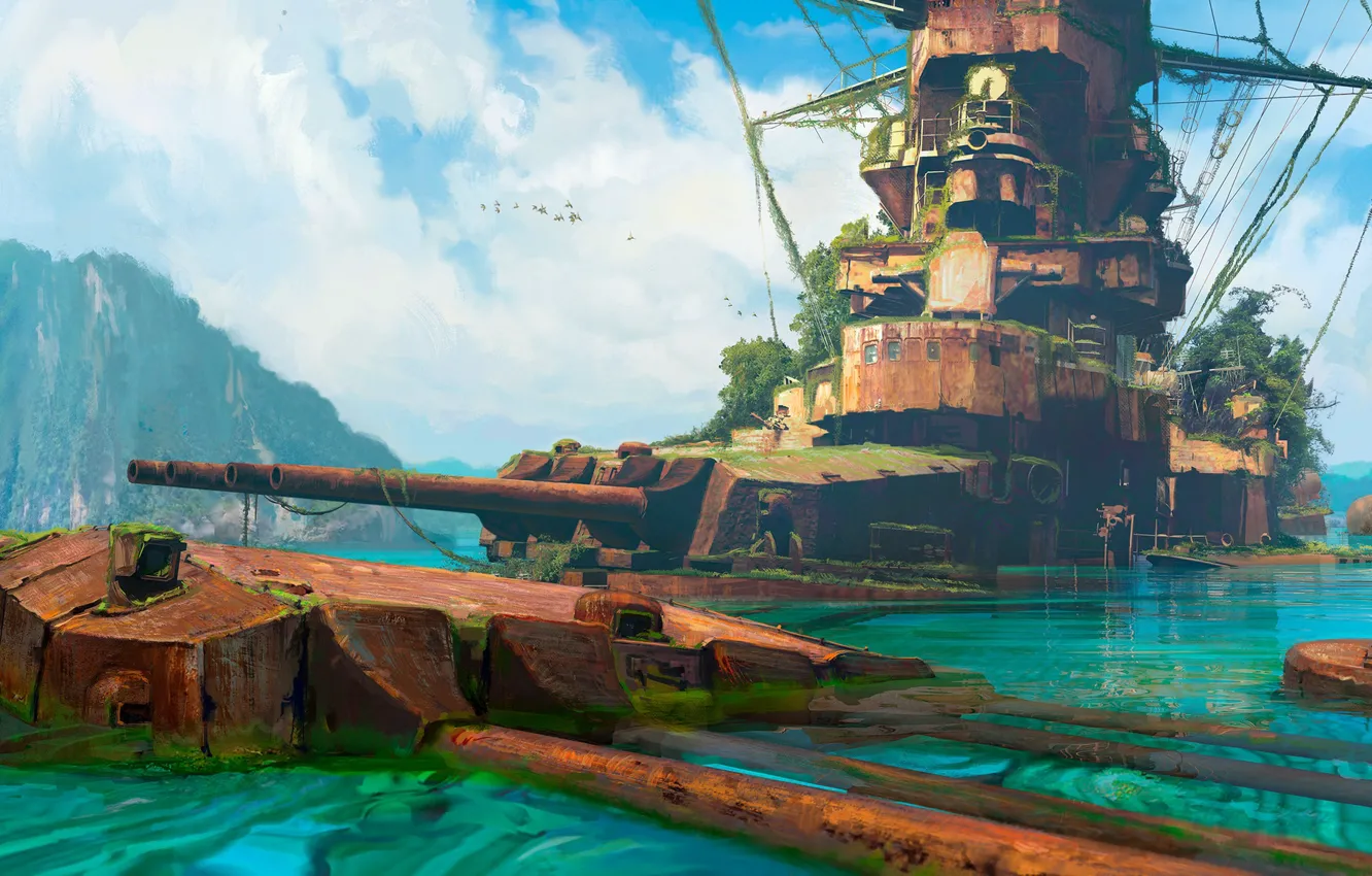 Photo wallpaper water, bird, ship, gorw, Abandoned ship