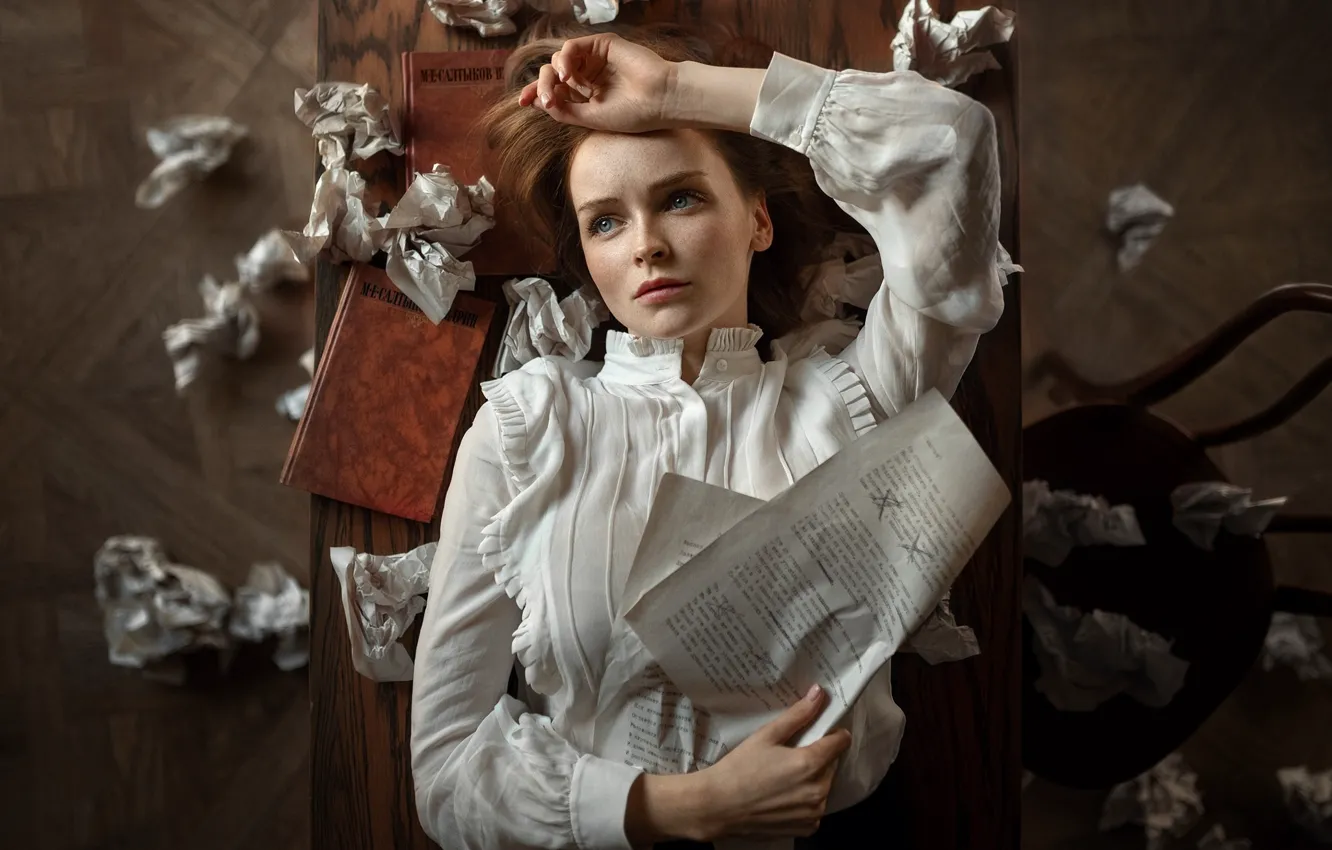 Photo wallpaper pose, paper, model, portrait, makeup, hairstyle, chair, lies