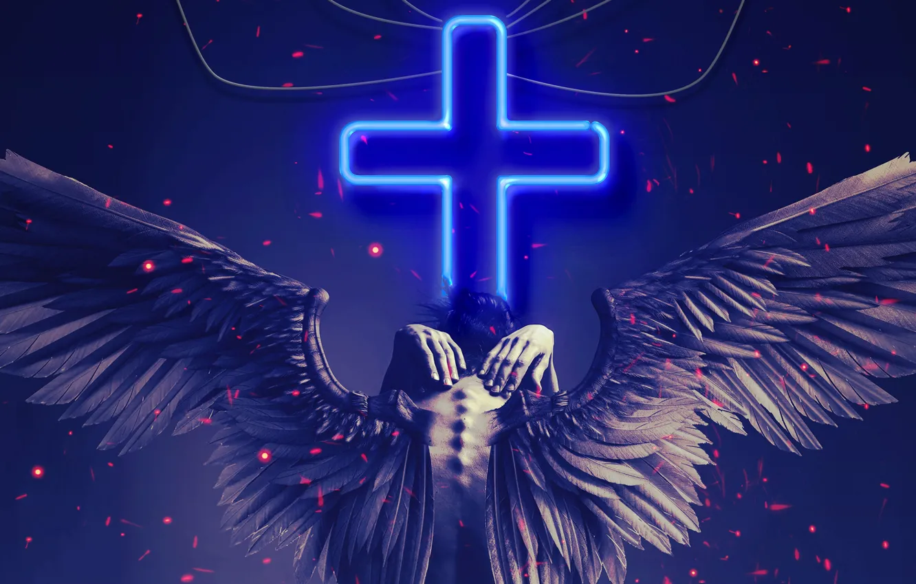 Photo wallpaper darkness, wings, cross, angel, fallen angel