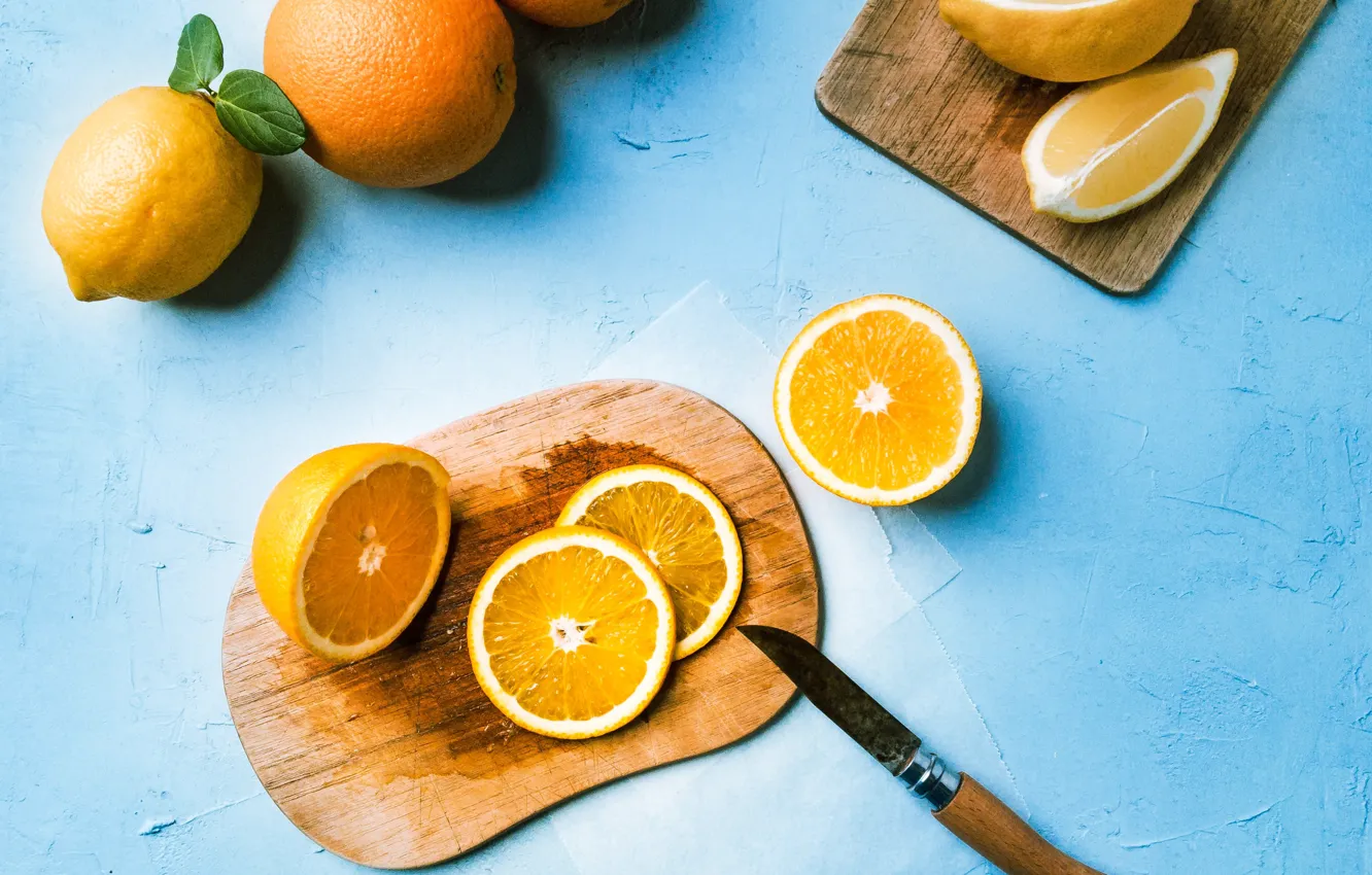 Photo wallpaper orange, food, knife, fruit, cutting Board