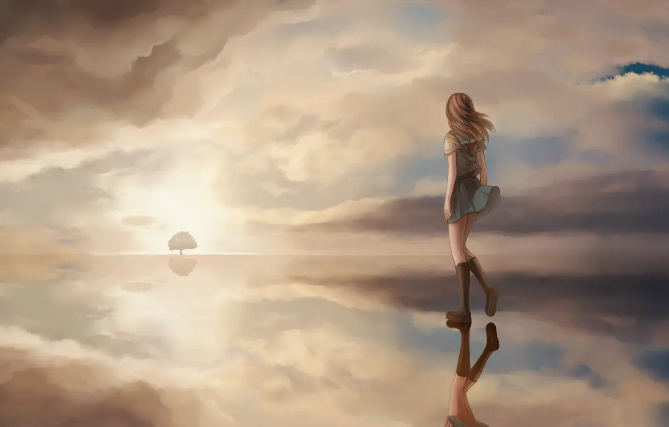 Photo wallpaper the sky, water, girl, clouds, sunset, reflection, tree, anime