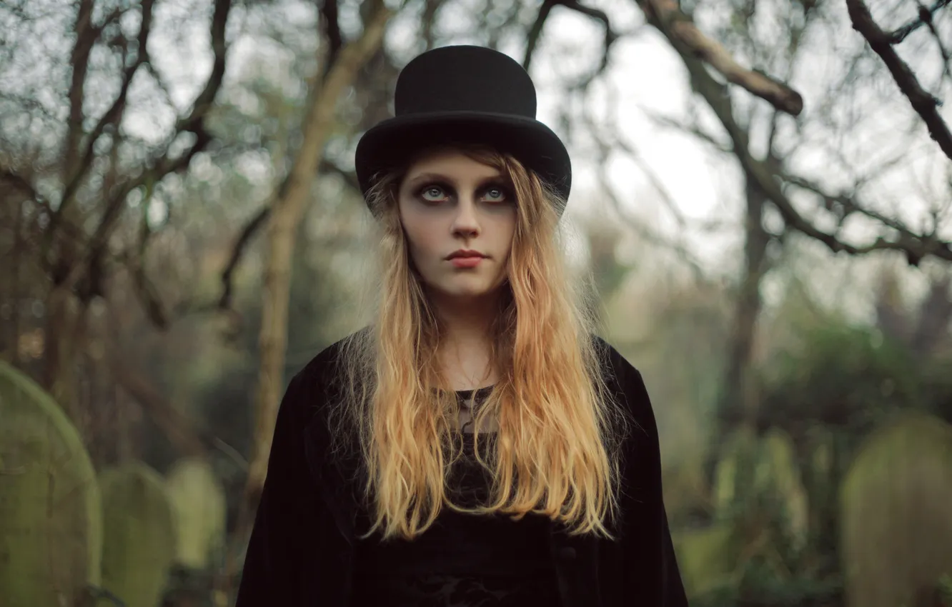 Photo wallpaper look, girl, branches, hat, blonde