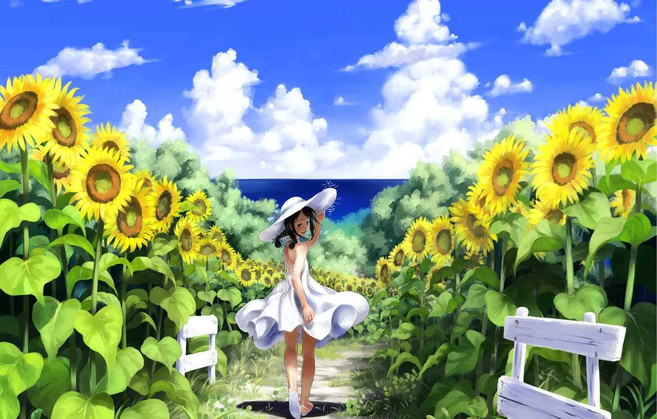 Photo wallpaper sea, summer, clouds, sunflowers, landscape, the fence, hat, dress