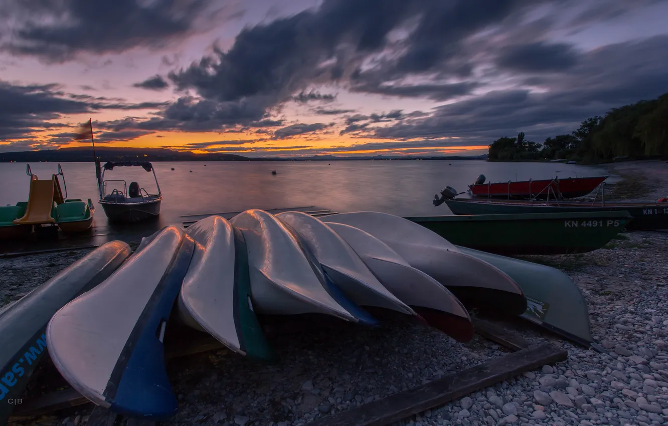 Photo wallpaper beach, sunset, lake, boat, the evening