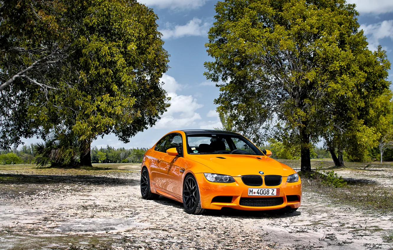 Photo wallpaper the sky, clouds, trees, orange, BMW, BMW, E92, orange