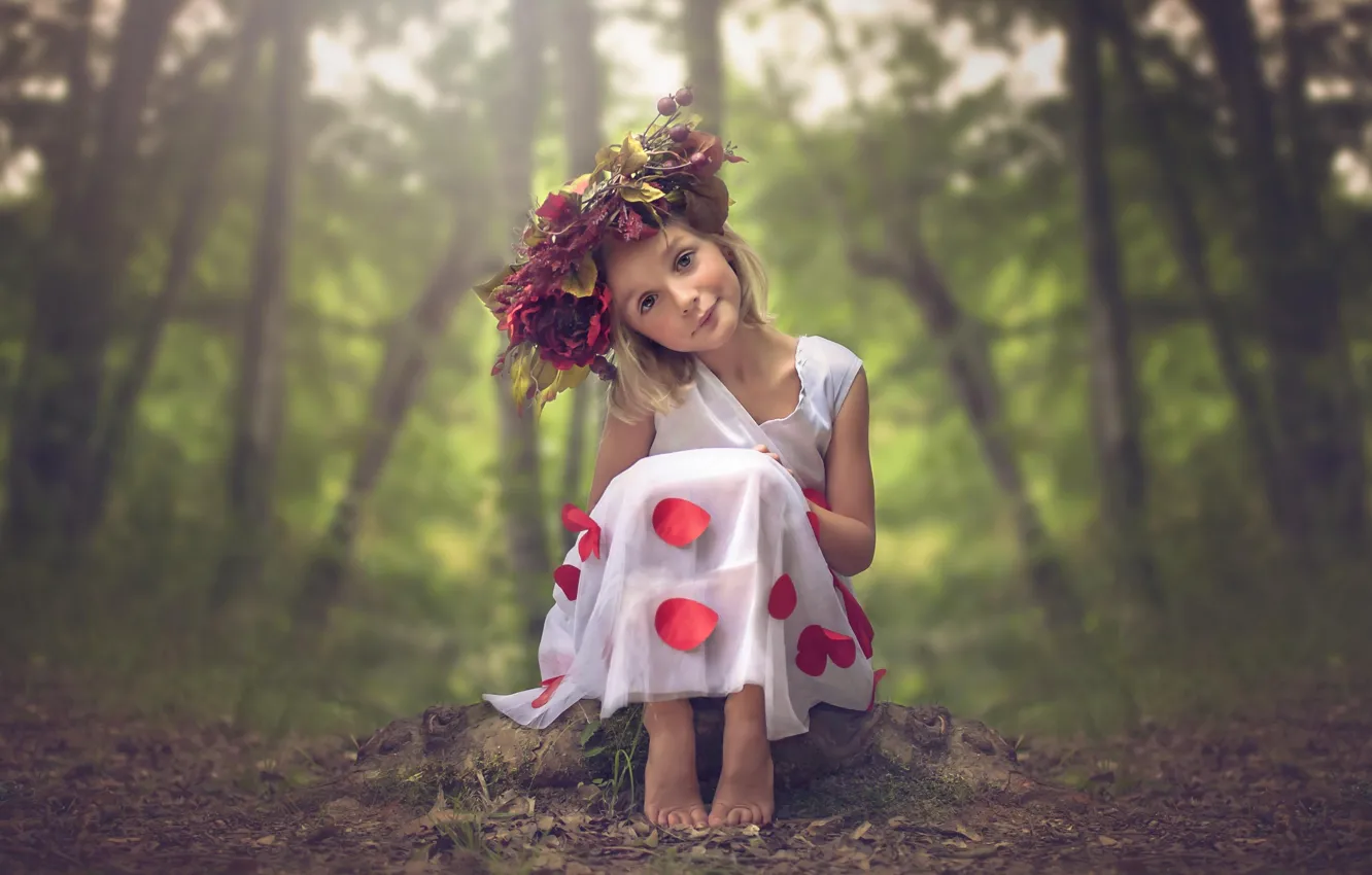 Photo wallpaper forest, summer, trees, girl, white dress, wreath