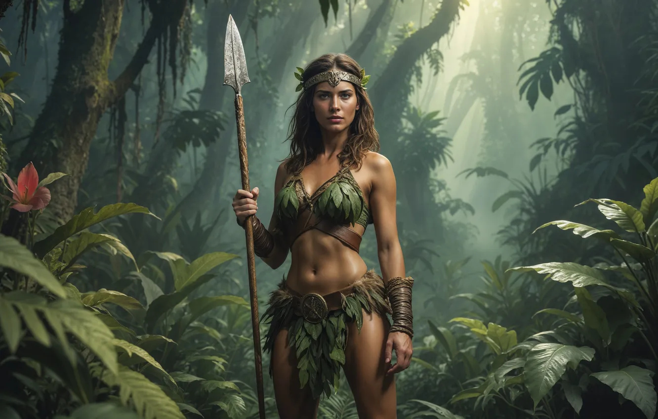 Photo wallpaper Girl, Trees, Warrior, Jungle, Spear, Digital art, Amazon, AI art