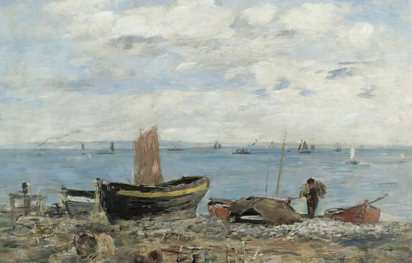 Photo wallpaper sea, landscape, boat, picture, The coast at Sainte-Adresse, Eugene Boudin, Eugene Boudin