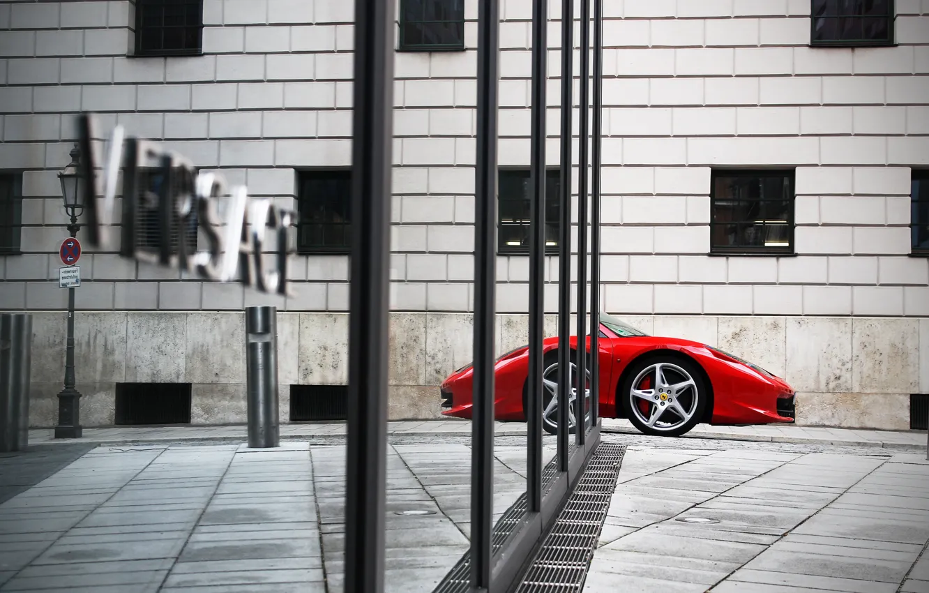 Photo wallpaper the city, reflection, home, nose, Ferrari, red, ferrari 458 italia