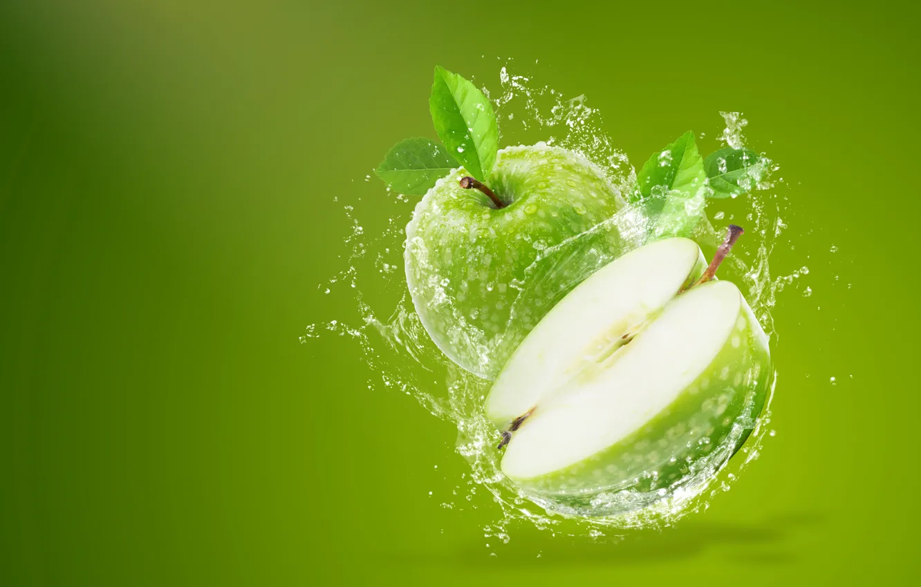 Photo wallpaper water, squirt, background, apples, splash, green