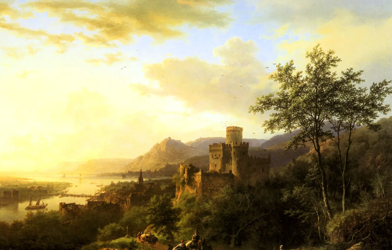 Photo wallpaper the sky, clouds, sunset, river, castle, boat, picture, traveler