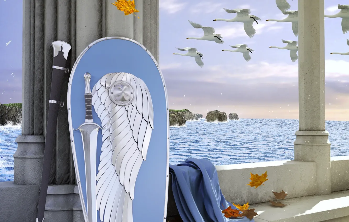 Photo wallpaper sword, the Lord of the rings, belt, sword, shield, cloak, swans, Last Hope