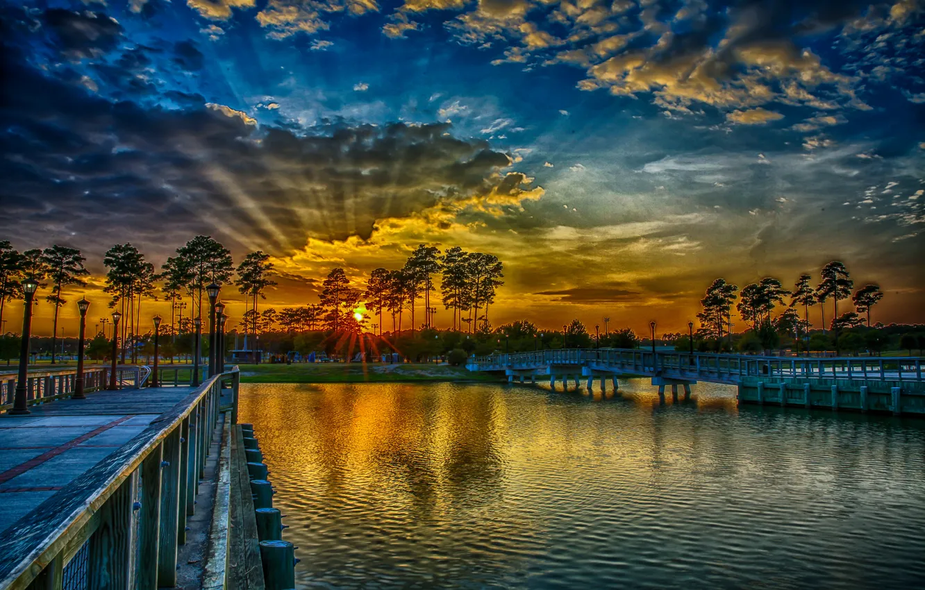 Photo wallpaper the sky, clouds, trees, bridge, pond, Park