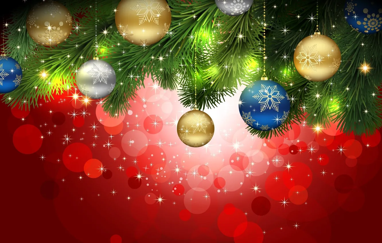 Photo wallpaper balls, decoration, snowflakes, needles, branches, glare, holiday, balls