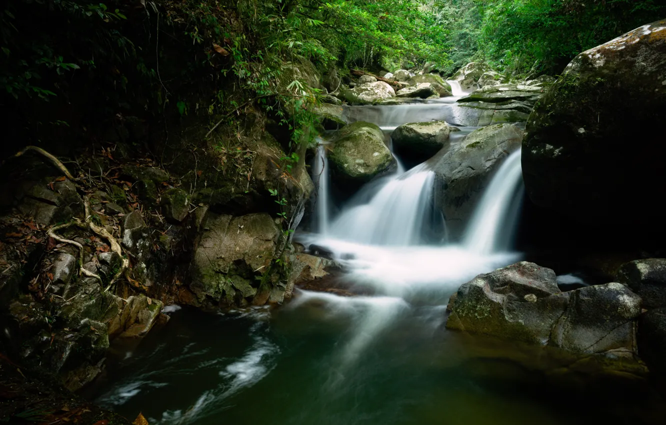 Photo wallpaper nature, rocks, shore, waterfall, stream
