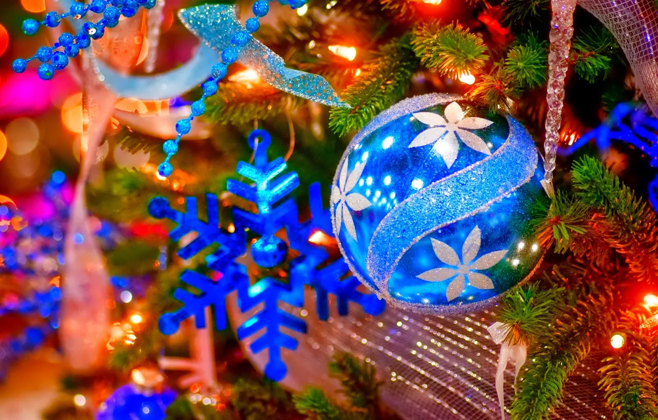 Photo wallpaper tree, new year, Christmas, ball, decoration, garland