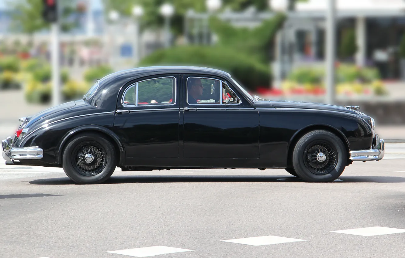 Photo wallpaper auto, retro, black, Jaguar, Jaguar, black, chrome, in motion