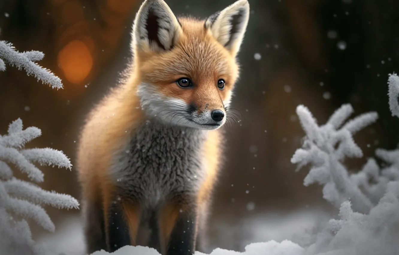 Photo wallpaper Fox, snow, snowfall, winter, frost, AI art, nature, digital art