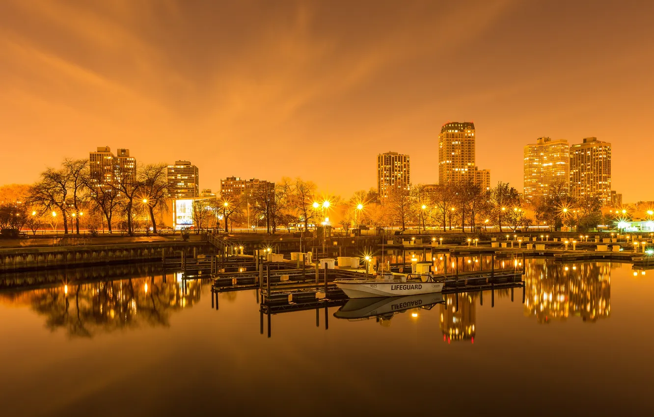 Photo wallpaper the sky, water, lights, boat, home, the evening, glow