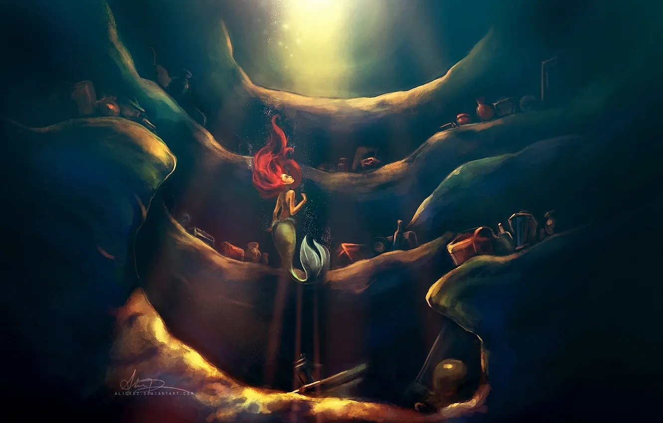 Photo wallpaper mermaid, cave, chest, Ariel