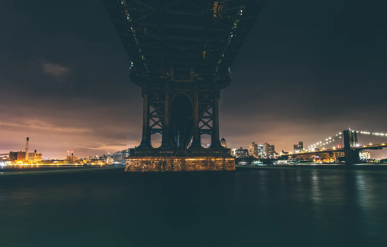 Photo wallpaper night, lights, New York, bridges, United States